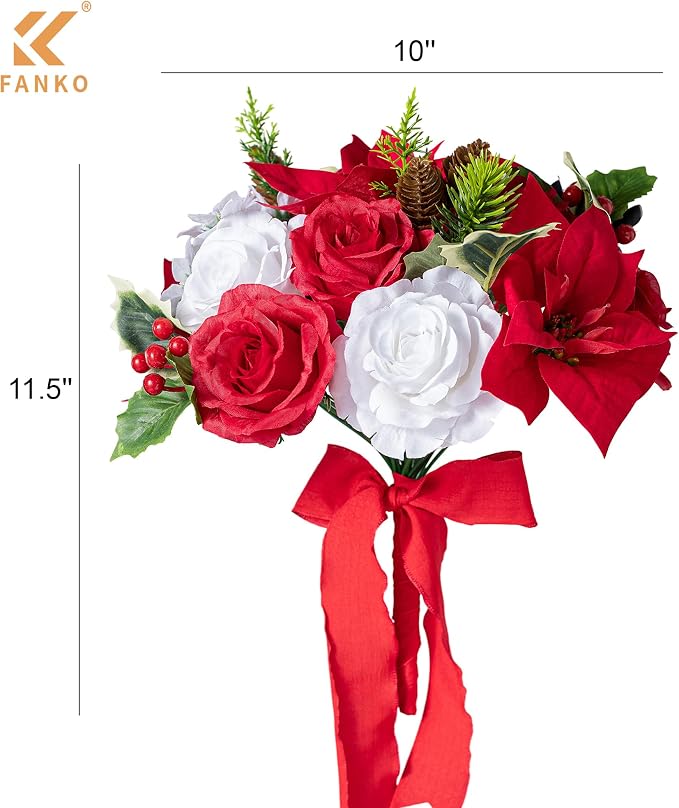 FANKO Artificial Flowers for DIY, Red White Faux Flowers Christmas Style Bouquet, Fake Rose Poinsettias Silk Flowers for Vase, Home Decor, Rustic Wedding, Party, Themed Birthday