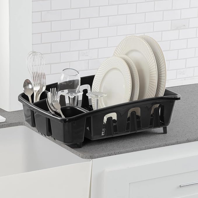 Dish Drying Rack with Drainboard Set, All-in-1 Kitchen Dishrack with Inclined Base for Quick Water Drainage, Black Plastic Dish Drainer