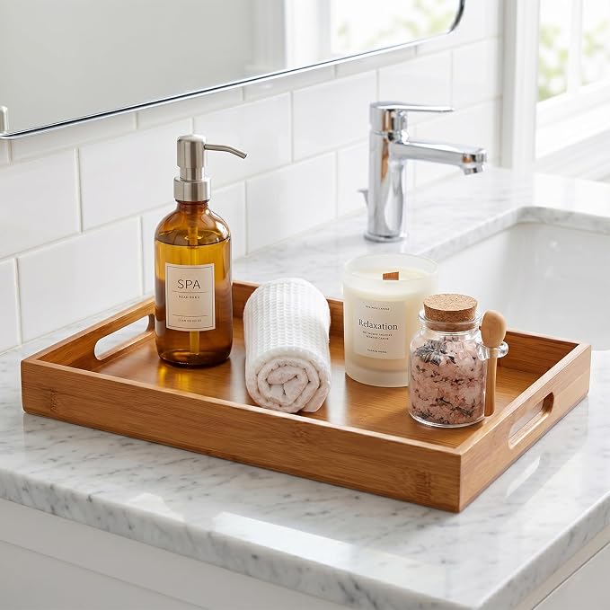 Briful Bamboo Decorative Tray with Handles - 16 x 12 Inch Rectangle Serving Tray for Coffee Table Decor Farmhouse Kitchen Counter Organizer & Bathroom Vanity, Brown