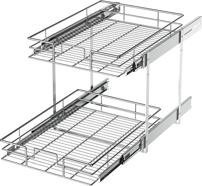 LOVMOR 2 Tier Individual Pull Out Cabinet Organizer 10½" W x 21½" D, Slide Out Kitchen Cabinet Storage Sliding Shelves