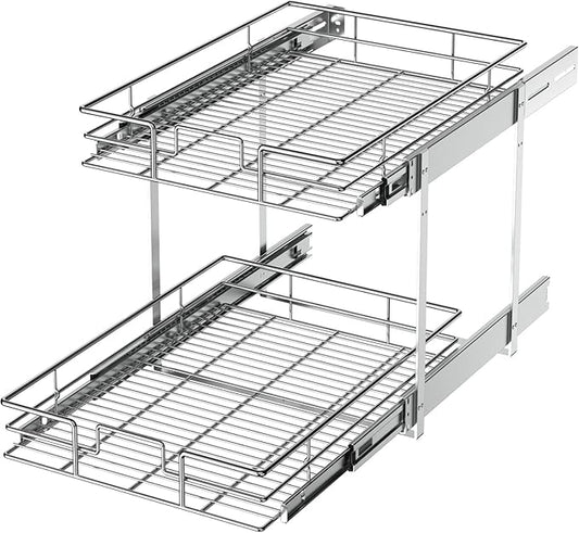 LOVMOR 2 Tier Individual Pull Out Cabinet Organizer 10½" W x 21½" D, Slide Out Kitchen Cabinet Storage Sliding Shelves