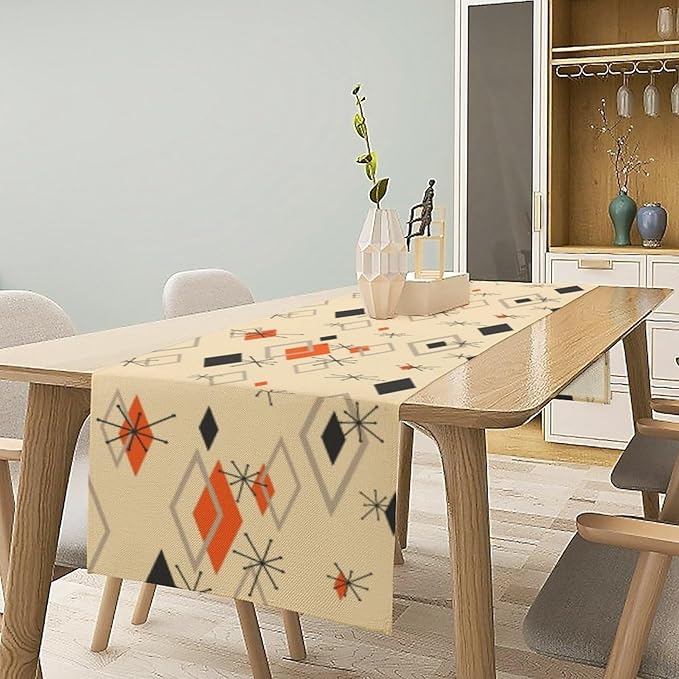 Mid Century Table Runner,Retro 1950s Modern Atomic Abstract Geometric Table Runner for Home Indoor Outdoor Kitchen Holiday Birthday Party Wedding Decor 13x60 Inch