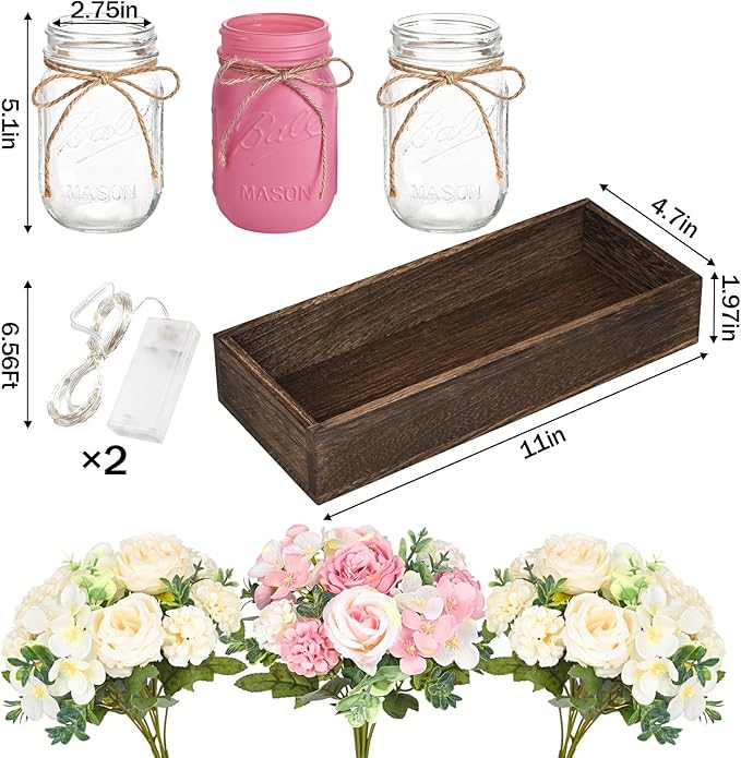 BLEUM CADE Centerpiece Table Decorations - Mason Jar Lights Centerpiece for Kitchen Dining Table Farmhouse Coffee Table Wedding Home Decor with 3 Jars Roses Artificial Flowers & Wood Tray