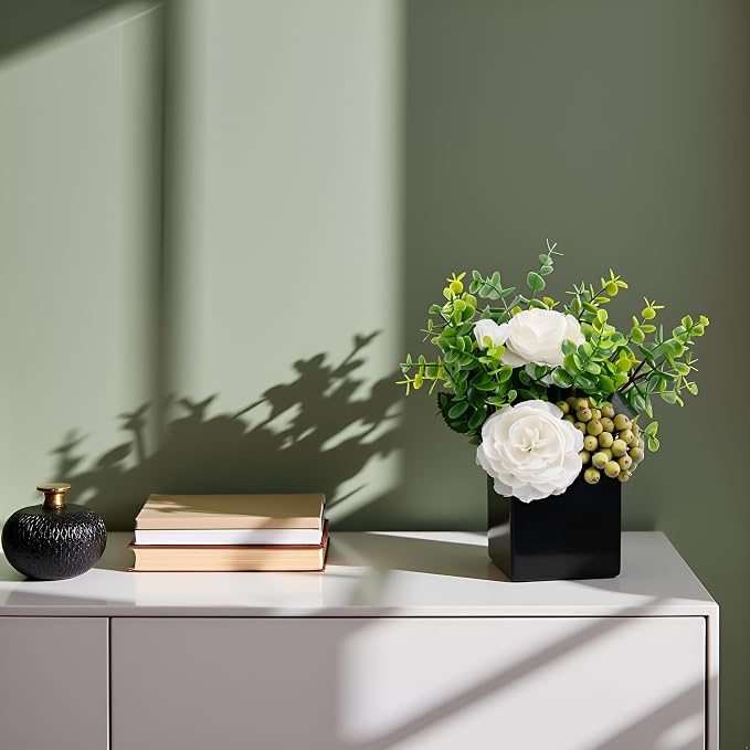Artificial Flower Arrangement in Black Vase，Floral Centerpiece Table Decor | ﻿ White Artificial Rose Flower Arrangement Set, Faux Eucalyptus Berry Bouquet with Black Square Ceramic Pot for Table Decor