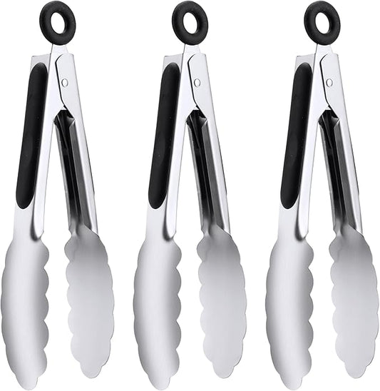 7" Small Kitchen Tongs Set of 3, Stainless Steel Ice Tongs Food Tongs, Mini Serving Tongs for Appetizers, Salad, Buffet (7", 3PCS) | Ice Bucket Tongs | For Salad/Buffet | Heat-Resistant | Dishwasher Safe
