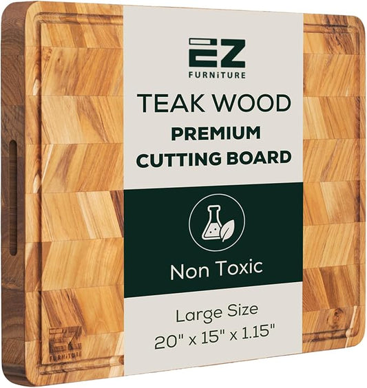 EZ FURNITURE Large (L) Teak Edge Grain Cutting Board, Reversible, Knife-Friendly Charcuterie Butcher Block with Juice Groove & Handles, Non-Toxic, Gift Box Included (Herringbone, 20" x 15" x 1.15")