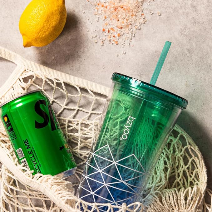 bzyoo SIP 24oz (710ml) Double Wall Plastic Tumbler with Lid and Straw Cold Drink Travel Mug Party Reusable Cup For Office Outdoor Dining Gift For Him & Her (Blue & Green)