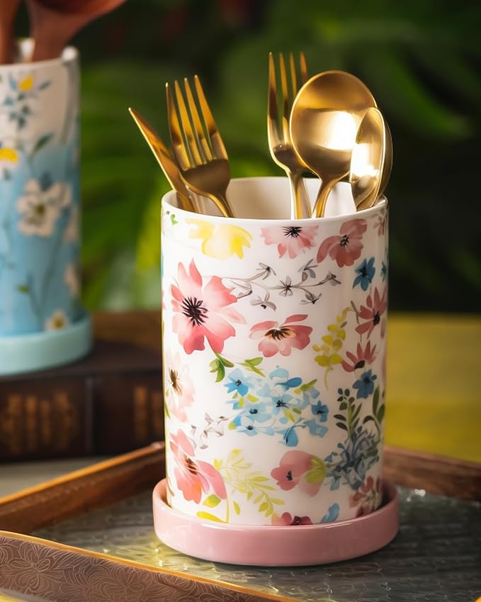 Utensil Holder for Kitchen Counter, Large Ceramic Utensil Holder Crock with Drain Tray, Hand-Painted Floral Rustic Farmhouse Kitchen Crock, Perfect for Women, Christmas, Hostess Gifts & Fall Decor
