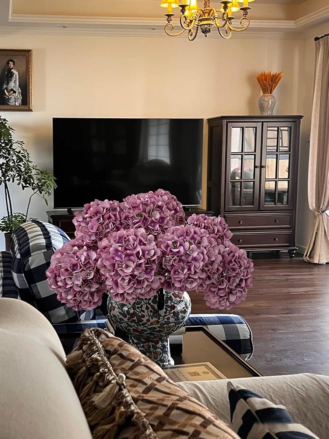 ZYTUYO 5 Pcs Light Purple Silk Hydrangeas Artificial Flower - 20" Faux Hydrangeas Boho Dried Touch for Fall Home Decor, Kitchen, Living Room, Porch Wreath, Xmas, Wedding Flower Arrangement