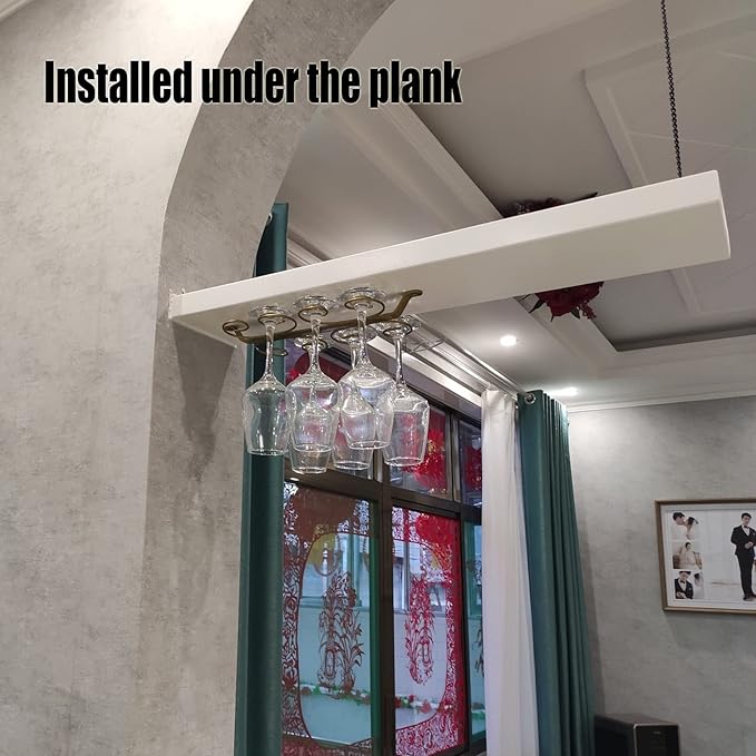 Under Cabinet Wine Glass Holder Iron 12 Hooks, Black Wire Hanging Rack, Storage Hanger Organizer, Space Saving, With 6 Hooks For Multiple Uses, Easy To Install