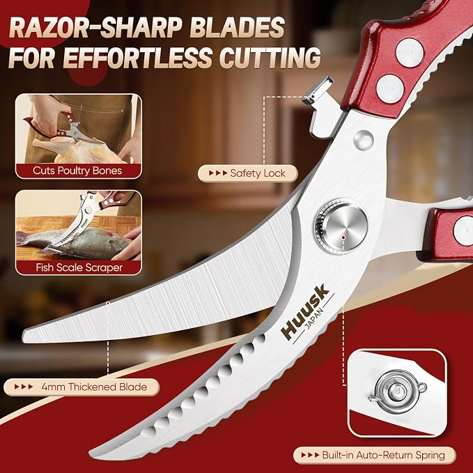 Huusk Heavy Duty Kitchen Scissors Set – All Purpose Japanese Poultry Shears for Chicken, Meat, Fish, Vegetables & Pizza with Ergonomic Non-Slip Red Handle, Gifts for Women Men