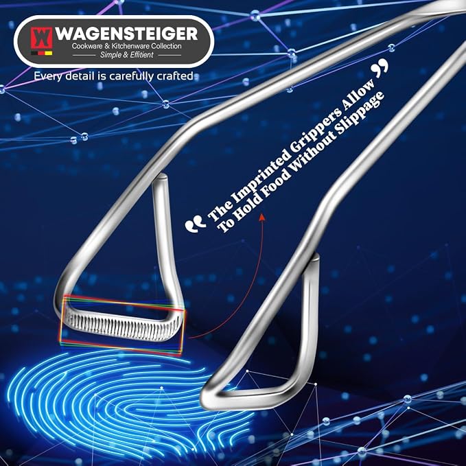 WAGENSTEIGER Scissor Tongs: 9.5 Inch Heavy Duty Stainless Steel Kitchen Tongs Comfortable Ergonomic Grip, Heat Resistant for BBQ and Cooking, Grilling Turning meats, Serving Pasta, Imprinted Grippers