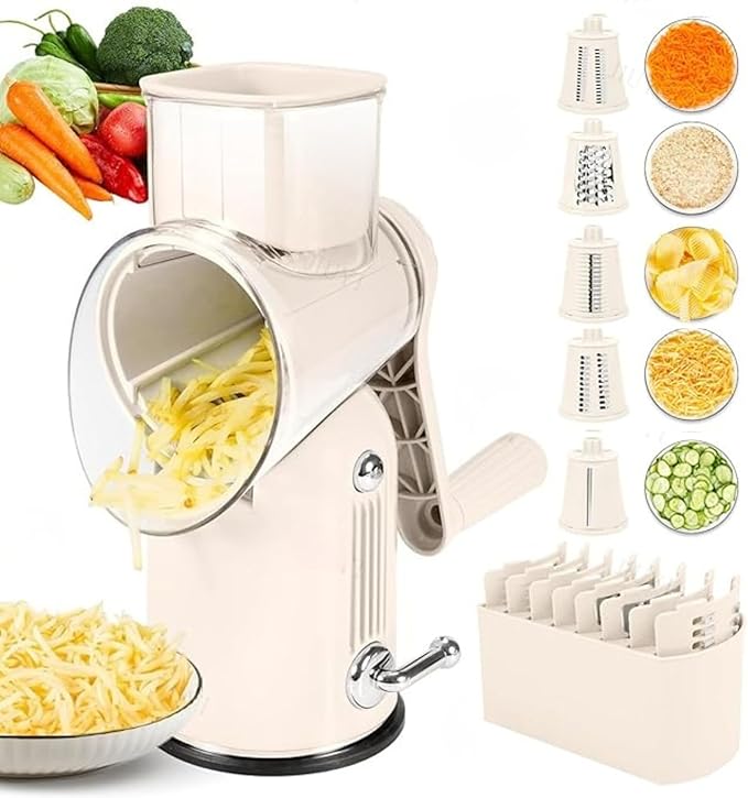 Rotary Cheese Grater with Strong Suction Base, 5-in-1 Hand Crank Vegetable Slicer & Shredder, Stainless Steel Blades for Cheese Nuts Fruits, Food Chopper with Storage Box