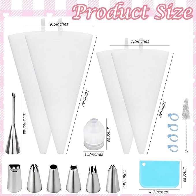 Reusable Piping Bags and Tips Set – 23Pcs Pastry Bag Kit: 4 Cotton Icing Bags (2x14in, 2x16in), 6 Stainless Steel Tips, Couplers, Brush – Cake Decorating Supplies for Beginners, Cupcakes, Cookies