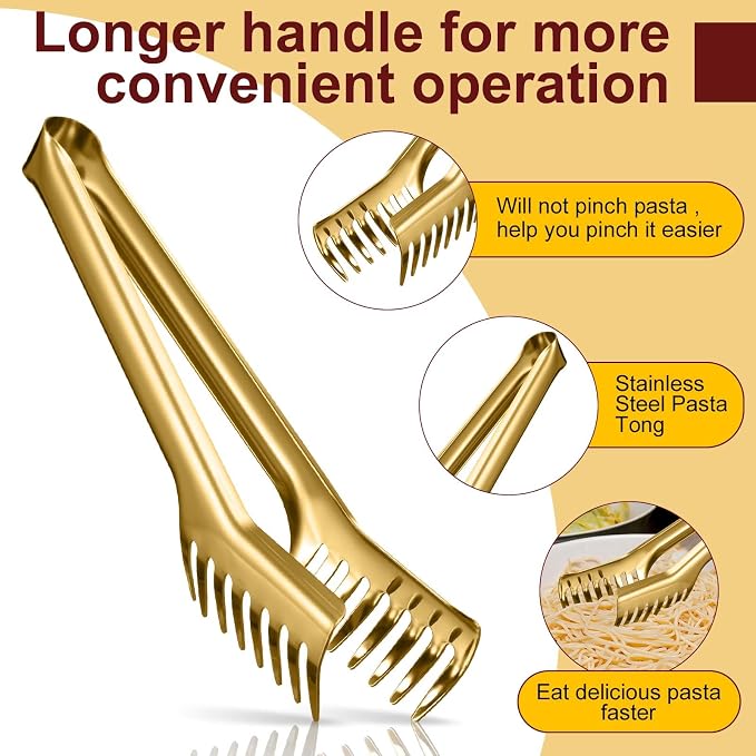 Patelai Stainless Steel Spaghetti Spoon and Pasta Tongs Set, Long Handle Noodle Server Tools with Drain Holes, Non-slip Grip for Cooking, Serving Pasta and Noodles