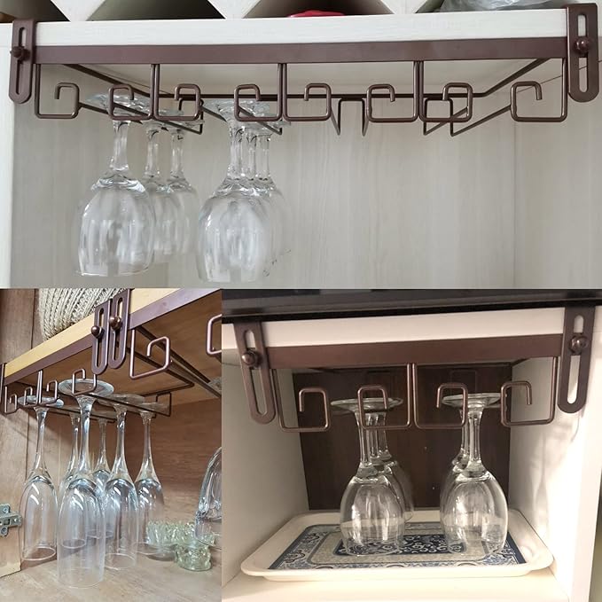 Hanging Wine Glass Rack Black Adjustable, Solid Iron Wine Glasses Hanger, Metal Under Cabinet Stemware Rack 3 Rows, 4 Rows, Convenient Storage And Space-saving