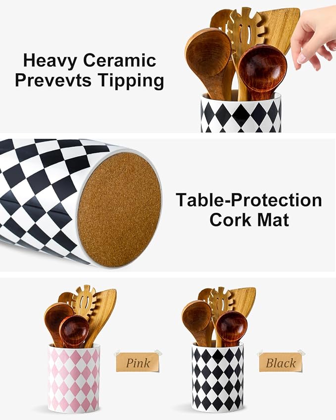 Kitchen Utensil Holder, 6.3" Ceramic Cooking Utensil Holder for Countertop, Large Utensil Crocks for Decor , Modern Farmhouse Checkered Utensil Organizer for Cooking Tools (Diamond Black, 6.3 inch)