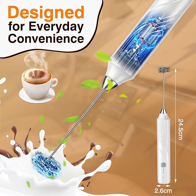 Milk Frother Handheld, Rechargeable Coffee Frother Wand with 3 Speeds, Electric Foam Maker Drink Mixer for Lattes Cappuccino Matcha Eggs, Hand Mixer for Hot/Cold Milk,White