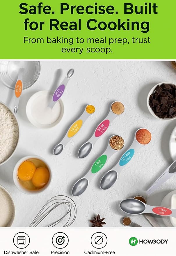 Magnetic Measuring Spoons Set Of 8, Heavy Duty 304 Stainless Steel Metal, Fits in Most Kitchen Spice Jars for Baking & Cooking, BPA Free,Measuring Dry & Liquid Ingredients Rainbow)