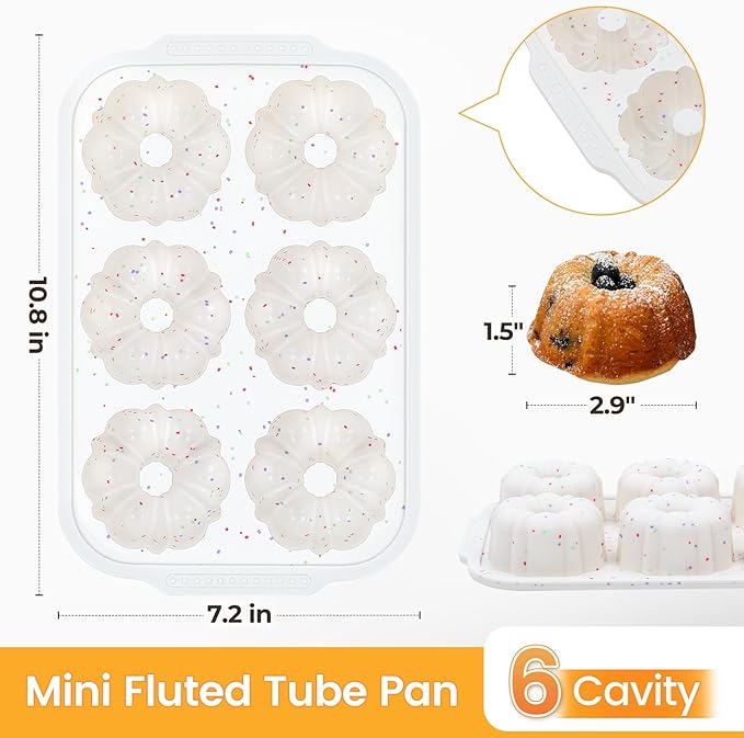 CAKETIME Mini Fluted Tube Pan with Metal Reinforced Frame, 6-Cavity Silicone Nonstick Small Cake Molds 3Pcs for Chocoflan, Donuts, Cornbread, Brownies, Jellies BPA Free