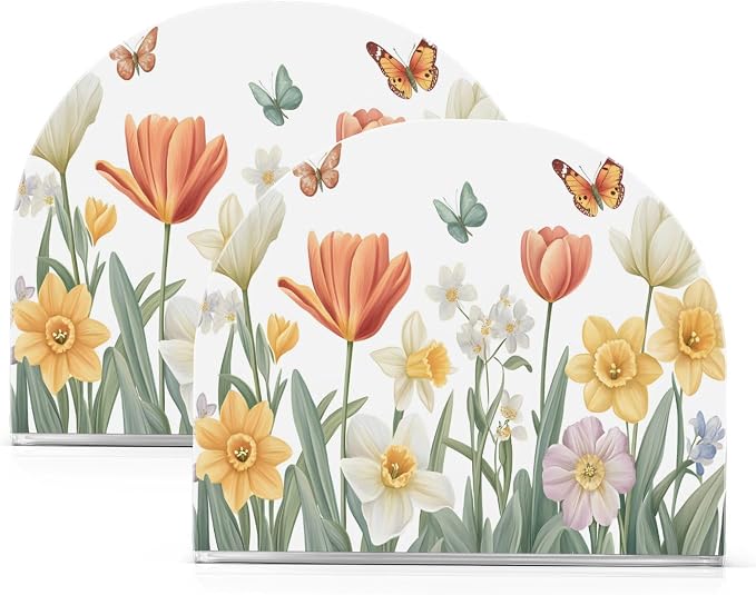 Tulips Daffodils Spring Flowers04 Napkin Holder for Tables Paper Cocktail Napkin Holders for Kitchen Dinning,Acrylic Dinner Napkin Dispenser for Restaurant Home Decor Bar Accessories 1 Pack