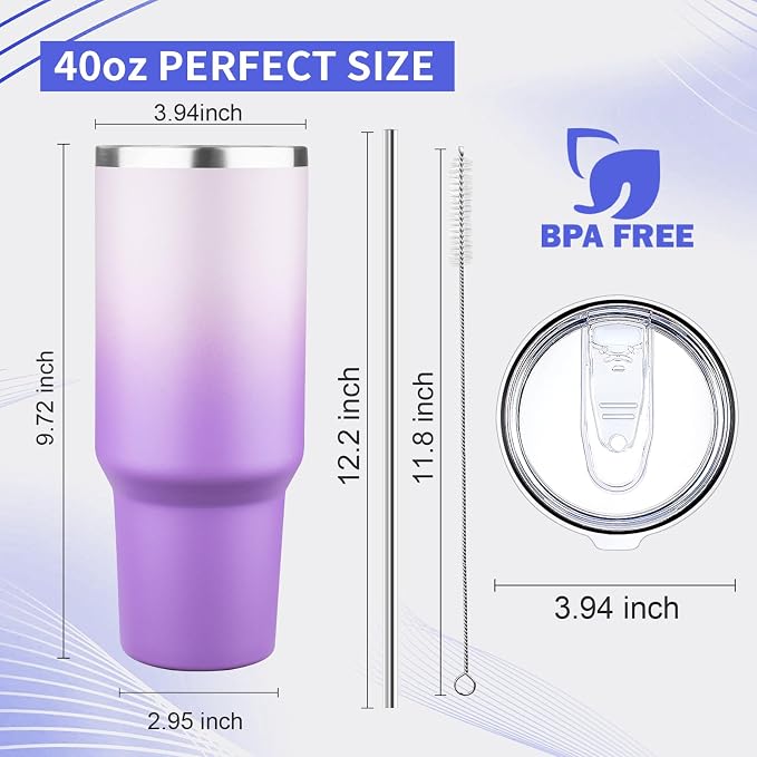 40 oz Tumbler with Lids and Straws Double Wall Vacuum Insulated Tumbler Cup,Stainless Steel Leak-proof Thermal Tumbler Powder Coated Travel Coffee Mug for Cold and Hot Drinks,Gardient Purple