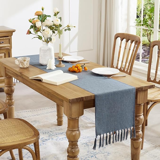 Linen Style Rustic Table Runner, Farmhouse Cotton Linen Table Runner, Boho Table Runners 60 Inches Long with Hand Tassels for Home Tabletop Decor and Everyday Use - Dusty Blue, 60 Inch