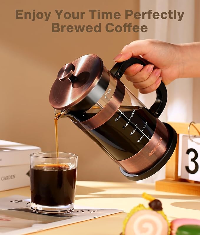 French Press Coffee Maker - 34 Ounce Classice Stainless Steel Coffee Press with 4-Level Filtration System, Heat Resistant Thickness Borosilicate Glass French Press Coffee Pot for Camping Travel Gift