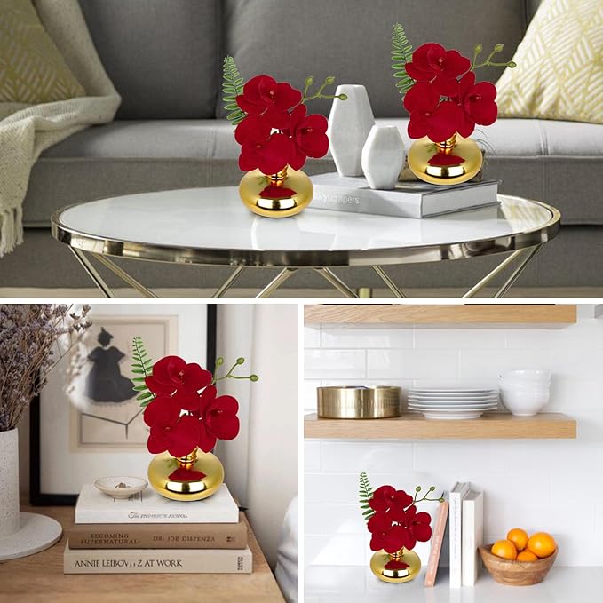 Oairse Red Orchids Artificial Flowers Faux Orchids Arrangement in Gold Glass Vases Set of 3 Real Touch Phalaenopsis Orchid Flowers Small Fake Orchid Centerpiece for Dining Room Table