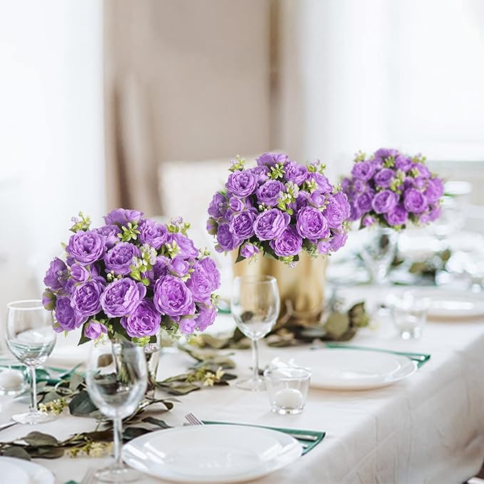 Artificial Peonies Silk Flowers, Purple Faux Peony Bouquet 4 Bundles Florals Arrangements Decor for Farmhouse Home Boho Wedding Table Centerpiece, Fake Plastic Flowers Bulk for Vase Decoration Purple