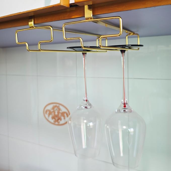 2Pcs Wine Glass Hanger - Quick-Install No-Drill Hanging Home Stemware Rack Wine Glass Storage Stemware Organizer Kitchen Storage (Golden)