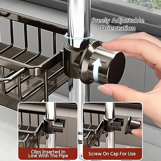 Kitchen Sink Faucet Organizer, Kitchen Sink Organizer Over Faucet, Over Sink Dish Drying Rack, Sponge Holder for Kitchen Sink, for 0.7-1.1 inch Round Water Pipe (Grey, Right Mount)