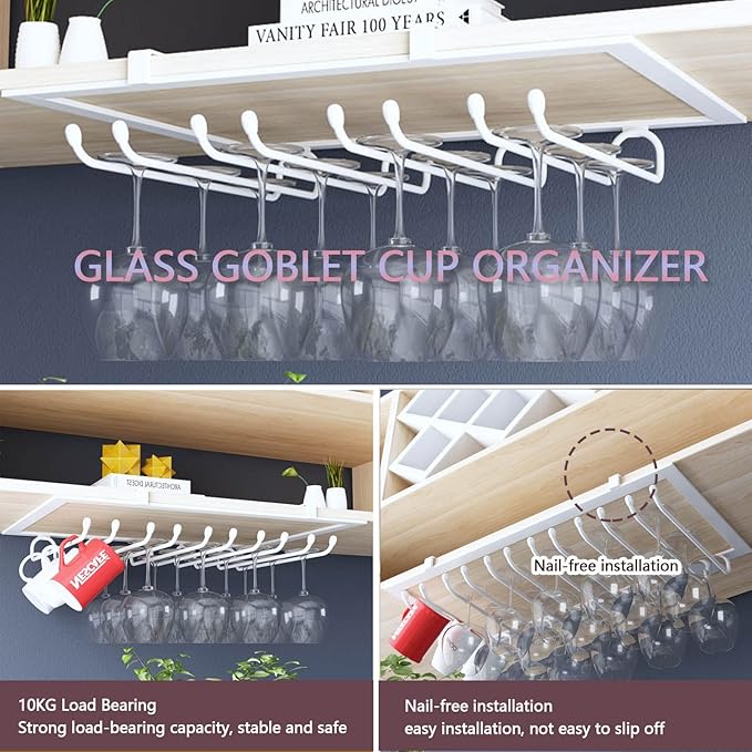 Glass Stemware Wine Rack, Hanging Wine Storage Holder for Under Cabinet Kitchen Bar Display Shelf with Glass Cup Champagne Organizer (Size : White)