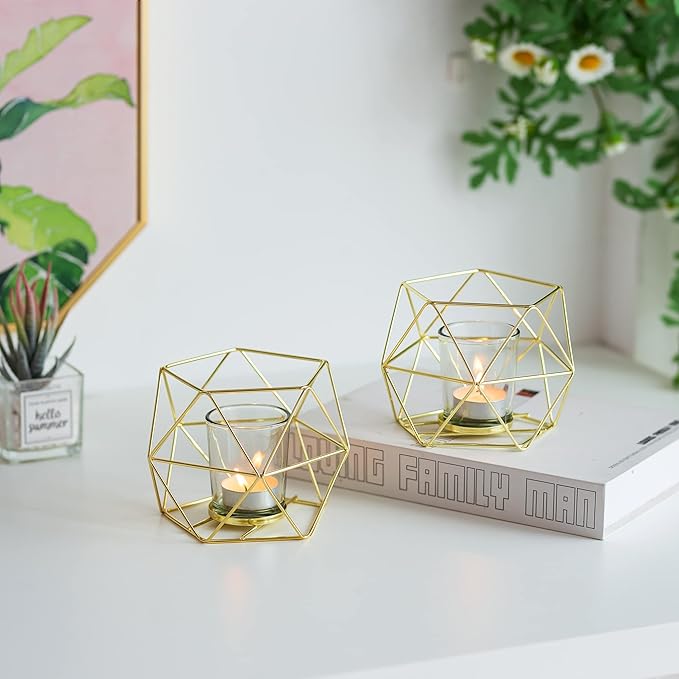 Geometric Tealight Candle Holders Gold - Votive Candle Stand Accents for Tea Light Decorative for Home Table Shelf Mantel Modern Geo Decoration Christmas Wedding Reception Décor, Gold, 6pcs