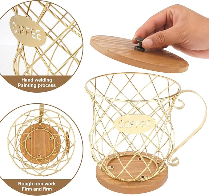 Gold Coffee Pod Storage Organizer with Lid and Handle - Large Capacity Coffee Capsules Holder for Home Office Countertop Decor