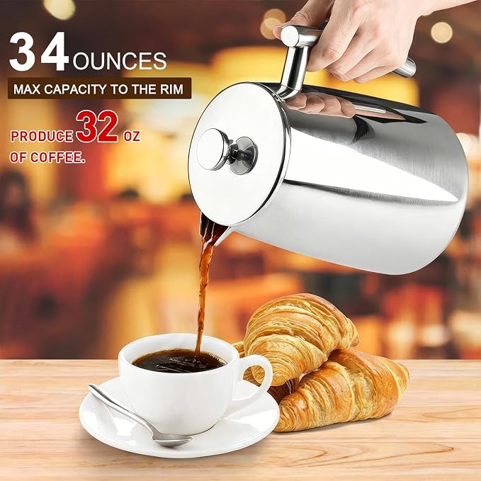 Secura French Press Coffee Maker, 34-Ounce, 304 Stainless Steel Insulated Coffee Press with Extra Screen (Pack of 2)