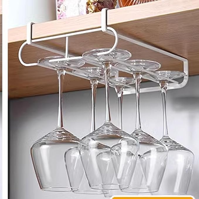 AYNEFY Kitchen Bars Restaurants 2 Rows Stemware Wine Glass Holder Under Cabinet Hanging Storage Organizer For Shelf Kitchen Decorations Wine Glasses Storage Hanger Metal Kitchen
