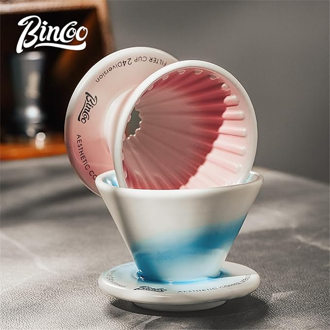Bincoo Ceramic Coffee Dripper Vertical Lines,Pour Over Coffee Maker Size 01,Manual Pour Over Brew Maker,Single Cups Slow Brewing Accessories (Pink)