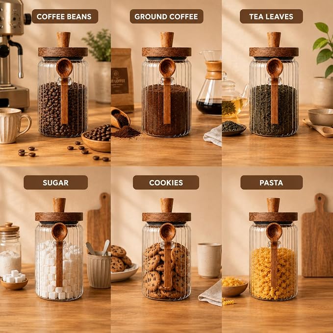ANSQU Glass Jar with Wooden Lid & Spoon, Food Storage Containers Coffee Jar Coffee Grounds Container, Food Storage Canister (34oz-2pack-stripe)
