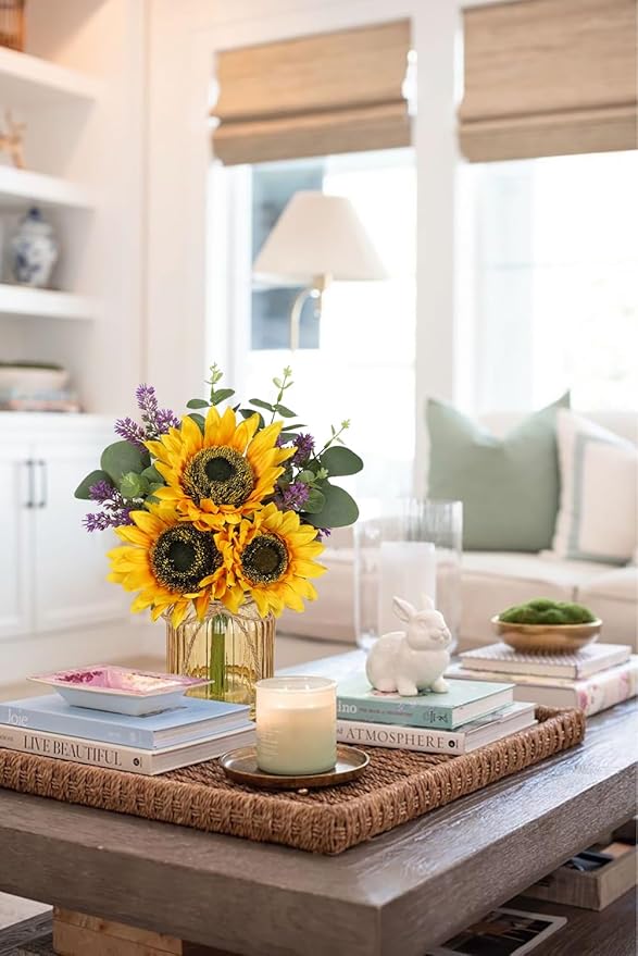 Oairse Fake Flowers in Vase, Sunflowers Artificial Flowers with Vase Sunflowers Centerpieces for Table Silk Flower Arrangement for Farmhouse Home Kitchen Bathroom Wedding Party Dining Room Decor