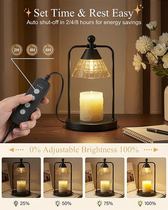 Candle Warmer Lamp with Timer Dimmer, Electric Wax Melt Warmer Lamp for Jar Candles Lights, Candle Lamp Warmer with 2 Bulbs, Birthday Gifts for Women, House Warming Gifts New Home Decor, Black