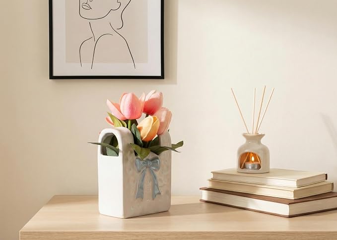 Spring Decor, Artificial Tulips in Ceramic Vase Spring Easter Table Centerpiece for Home Indoor Table Shelf Mantel Living Room Bathroom Bedroom Dining Coffee Bar Kitchen Decoration