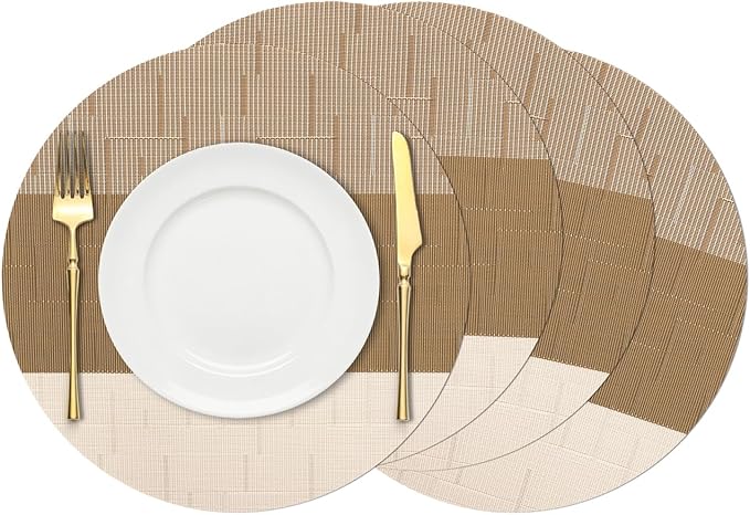Round Placemats Set of 4, 15 Inch Woven Vinyl Heat Resistant Place Mats, Washable Non Slip PVC Table Mats for Kitchen Dining Party Outdoor Table Decor (Beige Light Brown, 4)