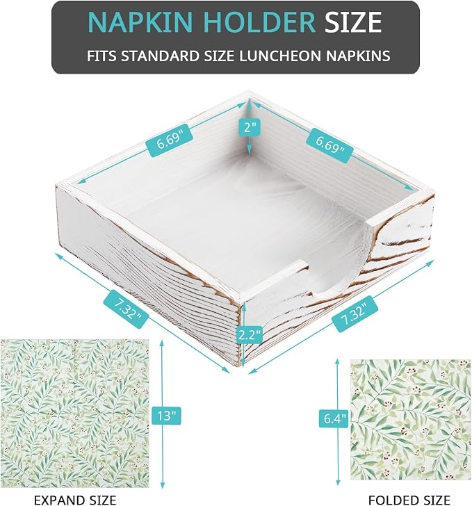 Napkin Holder for Table, White Washed Wood Napkins Holders For Paper Napkins, Flat Napkin Holder for Luncheon, Napkin Holders for Kitchen Dinner Decor, Napkin Dispenser for Indoor & Outdoor Use