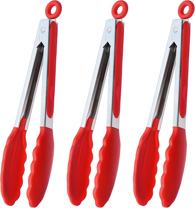 HINMAY Silicone Cooking Tongs 9-Inch Serving Tongs, Set of 3 (Red)