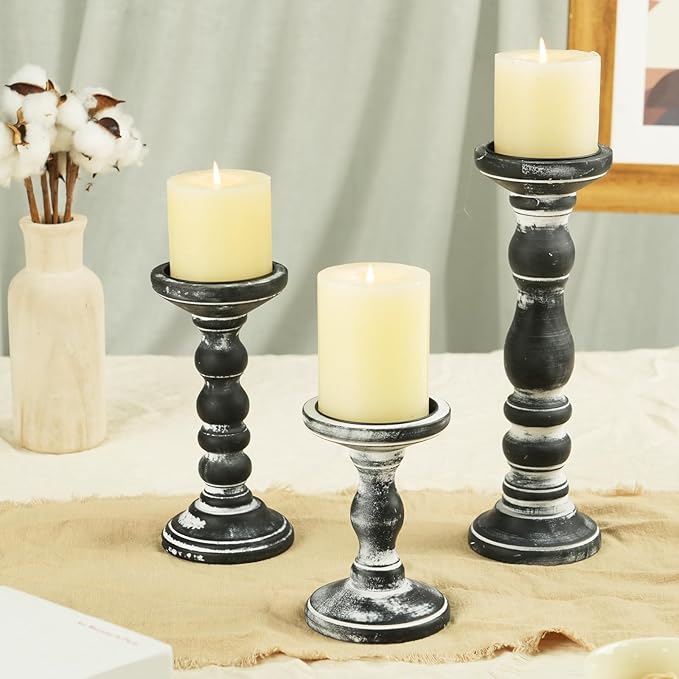 Wooden Pillar Candle Holder: Rustic Black Candle Stand Wood Distressed Candleholders Farmhouse Fall Decor for Christmas Fireplace Mantle Dining Table Living Room Shelf Set of 3