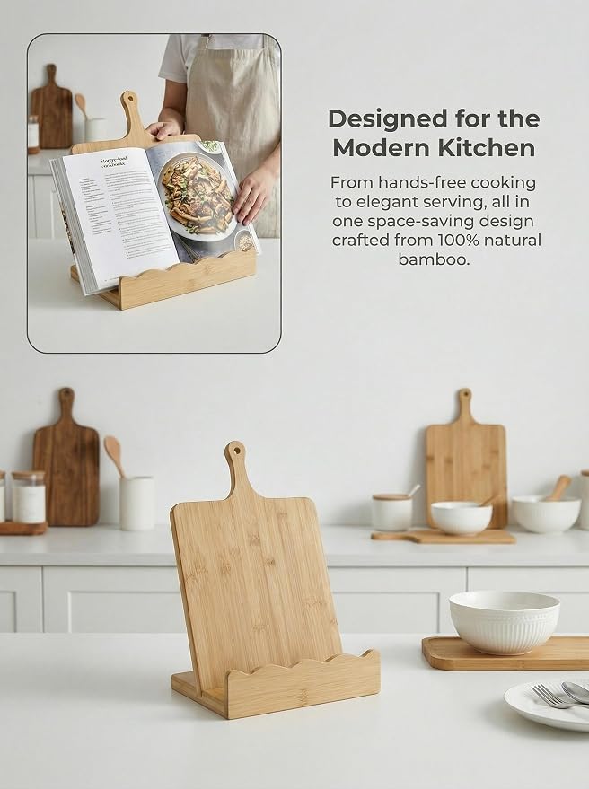 Bamboo Cookbook Stand for Kitchen Counter 15.7"x11.8" with Handle, 2-Piece Scalloped Recipe Book Holder with Removable Charcuterie Board, Rustic Kitchen Decor, Gift-Ready Wood Recipe Card Display