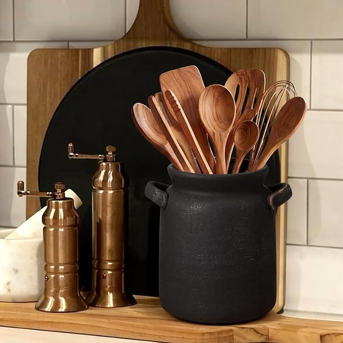 Qinyoung Rustic Kitchen Utensil Holder 6 Inch Small Ceramic Utensil Holder with Handle Vintage Crock Decoration Spatula Organizer for Kitchen Countertop Farmhouse Party Supplies(Black,Single Handle)