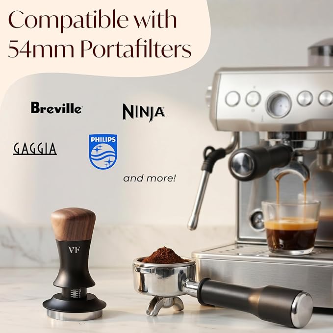 Espresso Tamper for 54mm Portafilter – Adjustable Depth Spring Loaded Tamper for Consistent Tamping – Barista Coffee Press Tool with Stainless Steel Base – Black & Walnut