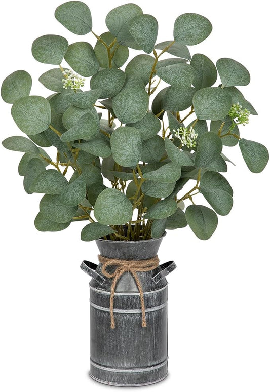 Lifelike Artificial Eucalyptus Plant in Rustic Metal Vase – 19" Realistic Faux Greenery for Farmhouse Home Décor, Living Room, Kitchen, Office, Weddings & Table Centerpieces